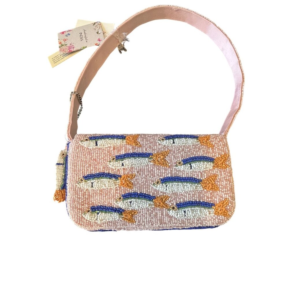 Viral Pink Sardine Made In India Beaded Bag Purse With Detachable Charm NWT